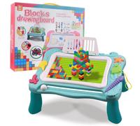 (blue, 34*27.4*7.5cm) Kids 2-in-1 Multifunction Activity Table Graffiti Magnetic Writing Board Building Table for Girl Boy