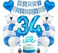 Blue 34th Birthday Cake Decoration for Men & Women - Silver Party Decoration