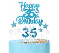 Blue 35 Birthday Candles Cake Toppers Set, 3D Blue Number 35 Candle for Cake, Blue Silver Star Happy Birthday Cake Toppers, Sparkle Candles Cake Toppers for Women Men Boys Girls Birthday Party Décor