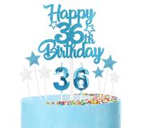 Blue 36th Birthday Candles & Cake Toppers Set - Blue Number Candles 36, Silver Cake Decorations - Happy Birthday Toppers for Girls, Boys, Women & Men - Party Decorations