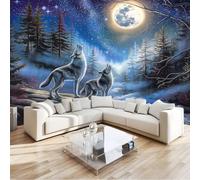 Blue 3D Wall Mural Forest Moon Wolf Howl Premium Non Woven 3D Photo Wallpaper Wall Mural, for Bedroom Living Room Decoration W200 X H140 Cm