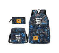 (Blue) 3pcs Gta5 Grand Theft Auto Student Schoolbag Backpack Small Shoulder Bag Pen Bag