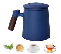 Blue 400Ml Ceramic Tea Infuser Cup with Lid and Scald Protection Handle - Steeping Mug for Office and Home Tea, Coffee, Milk