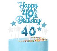 Blue 40th Birthday Candles Cake Toppers Set, Blue Number Candles 40 Candle for Cake, Blue Silver Cake Decorations, Blue Happy Birthday Cake Toppers for Girls Boys Women Men Birthday Party Decorations