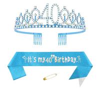 Blue 40th Birthday Sash for Women Birthday Princess Crown Queen Tiara Rhinestone Birthday Headbands Birthday Queen Sash Happy Birthday Decorations for Women 40 Year Old Birthday Party Supplies