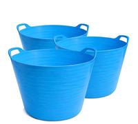 Blue 42L Flexible Tub Pack of 3 - Large Plastic Bucket with Handles, Ribbed Design, Multi-Purpose for Garden, Laundry, DIY, Water, Soil & Storage Made in the UK