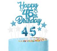 Blue 45th Birthday Candles Cake Toppers Set, Blue Number Candles 45 Candle for Cake, Blue Silver Cake Decorations, Blue Happy Birthday Cake Toppers for Girls Boys Women Men Birthday Party Decorations