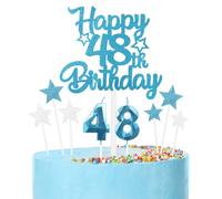 Blue 48th Birthday Candles Cake Toppers Set, Blue Number Candles 48 Candle for Cake, Blue Silver Cake Decorations, Blue Happy Birthday Cake Toppers for Girls Boys Women Men Birthday Party Decorations