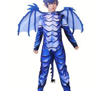 (Blue, 5-6Y) Frost Dragon Themed Set: Scale-Patterned Jumpsuit Dragon Wings Dragon Tail Headpiece, for Halloween Parties, Snow-Themed Performances,