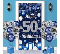 Blue 50th Birthday Decorations for Men - Navy Silver Door Banner Cover and 18Pcs Balloons for Women Party Decor