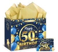 Blue 50th Birthday Gift Bag - Large Navy Blue Gold Happy Birthday Wrapping With Greeting Card, Tissue Paper for Men Women 50 Years Old Anniversary Party Favors Goodie Wrap Supplies