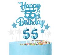 Blue 55th Birthday Candles & Cake Toppers Set - Blue Number 55 Candle, Silver Cake Decorations - Happy Birthday Toppers for Girls, Boys, Women & Men - Party Decorations