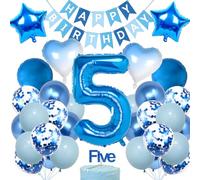 Blue 5th Birthday Decorations for Boys Balloons Happy Banner with 32 Inch Number 5 Balloon for Boy 5-Year-Old Party Supplies (5th-Birthday)