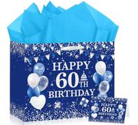 Blue 60th Birthday Gift Bag Blue Silver Happy 60th Birthday Wrapping Paper Bag with Greeting Card and Tissue Paper for 60 Years Old Men Women Birthday Anniversary Party Decorations Event Supplies