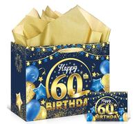 Blue 60th Birthday Gift Bag, Large Navy Blue Gold Happy 60th Birthday Gift Bag with Greeting Card and Tissue Paper for Men Women 60 Years Old Anniversary Party Favors