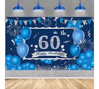 Blue 60th Birthday Party Decoration Banner for Men, Navy Blue Silver Happy 60th Birthday Banner Backdrop, Large Blue Sixty Years Old Birthday Anniversary Banner Photography Background Décor