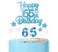 Blue 65th Birthday Candles & Cake Toppers Set - Blue Number Candles 65, Silver Cake Decorations, Happy Birthday Toppers for Girls, Boys, Women & Men's Birthday Parties