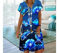 (blue, 6XL) Summer Fashion V-neck Dress Ladies Short Sleeve Butterfly Moon Printed Dress Loose Casual Dress For Women