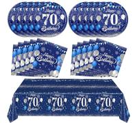Blue 70th Birthday Decorations for Men - Navy Blue and Silver Tableware Set Including Plates, Napkins, Tablecloth for Anniversary Party Supplies