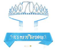 Blue 70th Birthday Tiara Sash for Girls Princess Crown Crystal Queen Tiara Birthday Headbands Happy Birthday Decorations Birthday Sash Tiara Kit Girl Birthday Clothing Accessories Party Supplies