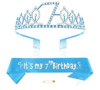 Blue 7th Birthday Tiara Sash for Girls Princess Crown Crystal Queen Tiara Birthday Headbands Happy Birthday Decorations Birthday Sash Tiara Kit Girl Birthday Clothing Accessories Party Supplies
