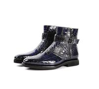 Blue,8 UK,Men Serpentine Western Cowboy Boots Buckle Square Toe Leather Shoes Big Size Non Slip Mid-Calf Boots