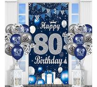 Blue 80th Birthday Decorations for Men Navy Blue Silver Happy 80th Birthday Door Banner Cover and 18Pcs Blue Silver 80th Birthday Balloons for Men Women 80th Birthday Party Decor