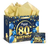 Blue 80th Birthday Gift Bag, Large Navy Blue Gold Happy 80th Birthday Gift Bag with Greeting Card and Tissue Paper for Men Women 80 Years Old Anniversary Party Favors