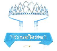 Blue 80th Birthday Tiara Sash for Girls Princess Crown Crystal Queen Tiara Birthday Headbands Happy Birthday Decorations Birthday Sash Tiara Kit Girl Birthday Clothing Accessories Party Supplies