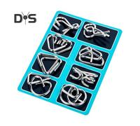 (blue) 8Pcs/Set Metal Puzzle Ring Brain Teaser 3D Wire Puzzle Game Kids Adults Mind Logic IQ Test Educational Unlock Interlock Toy Toddlers Boys Girls Gift