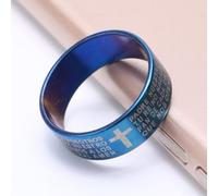 (Blue, 9) Scripture Cross Bible Text Jesus Tattoo Men Women Romatic Couple Rings Titanium Steel Jewelry Gift