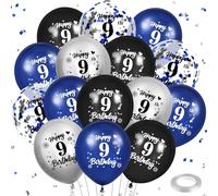 Blue 9th Birthday Balloons 24Pcs Navy Blue Black Silver Happy 9th Birthday Latex Confetti Balloons for Boy Girls 9th Years Old Anniversary Party Decorations Supplies 12 inches