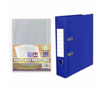 Blue A4 Lever Arch File 75mm Spine with A4 Glass Clear Punched Pockets | Clear Strong Plastic Wallets Sleeves 11 Holes Poly Pockets | Document Organiser Folder for Office & School. (45 Micron)