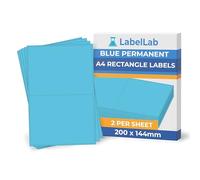 Blue A4 Rectangle Labels - Coloured Printable Sheet Labels for Inkjet & Laser Printers, Permanent Adhesive - LabelLab (500, 2 Per Sheet)