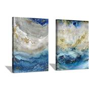 Blue Abstract Canvas Wall Art: Hand-Painted White & Blue Painting Picture with Gold Foil Artwork for Living Room (16'' x 12'' x 2 Panels)