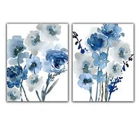 Blue Abstract Flowers No.12 Wall Art Prints - Set of 2 - 11x14 UNFRAMED Watercolor Aesthetic Floral Decor in Shades of Navy & Blue on White.