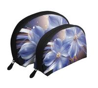 Blue Abstract Flowers Portable Shell Cosmetic Bag Set - Travel Makeup Organiser with Zipper & Inner Compartments