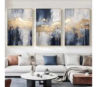 Blue Abstract Wall Art Canvas Blue and Grey Painting Blue Grey and Gold Canvas Wall Art for Living Room Decor Blue and Grey Posters Navy Blue and Yellow Abstract Pictures 16x24inch Set of 3 No Frame