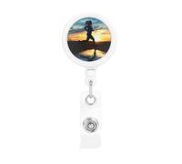 Blue Active Girl Running Sunset Retractable Badge Reel Holder with Clip and Keychain Name Badge Reel Funny Cute Badge Clips Id Card Badge Holder for Office Worker Doctor Nurse