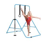(Blue) Adjustable Gymnastics Bar with Mat, Grips, Wristbands & Ground Nails - Training Kip Bar for Kids at Home, Height Adjustable from 31.5" to 51"