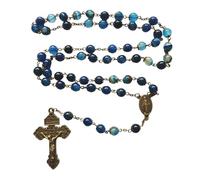 Blue agate rosary beads striped stone bronze metal large long 8mm beads