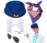 Blue Airline Stewardess Costume Accessories Set Womens Flight Attendant Costume, With Stewardess Hat Sunglasses Gloves Cosplay Outfit