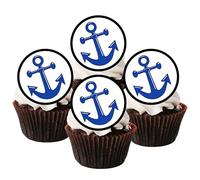 Blue Anchor Edible Cupcake Toppers - 4cm/1.5 Inch Precut Round Nautical Cake Decorations for Sailor, Navy & Coastal Party Themes (Pack of 12)