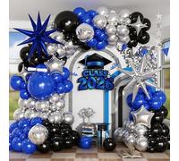Blue and Black Balloon Arch Kit, Graduation Balloon Garland Royal Navy Blue Metallic Silver Black Latex Balloons Explosion Star Foil Balloons for 2026 Congrats Grad Prom Birthday Party Decorations