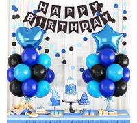 Blue and Black Birthday Party Decorations for Boys Men Royal Blue Black Balloon Set with Star Heart Foil Balloons Happy Birthday Bunting Banner Paper Garland Navy Dark Light Baby Game Party Decor Kit