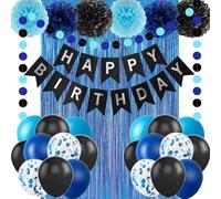 Blue and Black Happy Birthday Party Decorations for Boys Men Banner Balloons Navy Royal Light Blue Pom Poms Foil Curtain Décor Supplies 16th 18th 20th 30th 40th 50th 60th 70th 80th 90th