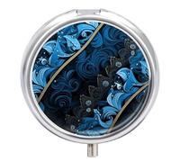 Blue and Black Pattern Pill Box - 3 Compartment Travel Pill Organizer with Small Mirror, Portable Pillcase for Pocket & Purse, Cute Round Medicine Case, Weekly Medicine Container