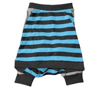 Blue and Black Striped Pet Dress with Contrast Leg Panels | Bold horizontal stripes cover a flared skirt shape, with a black waistband and matching lower leg openings. The design has