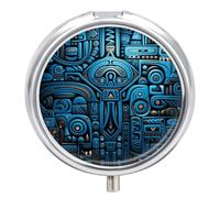 Blue and Black Tribal Pattern Pill Box - 3 Compartment Travel Pill Organizer with Small Mirror, Portable Pillcase for Pocket & Purse, Cute Round Medicine Case, Weekly Medicine Container