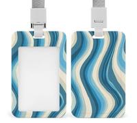 Blue and Cream Simple Wavy Lines Pattern ID Badge Holder Retractable Clip Card Holder Card Protector Name Badge Name Tag for Work Office Doctor Nurse